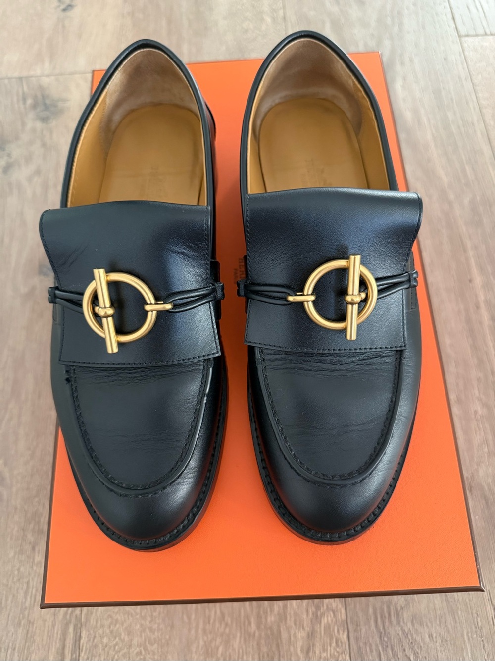 Hermes Impact Leather Loafers in Black with Gold Hardware - Picture 6 of 10